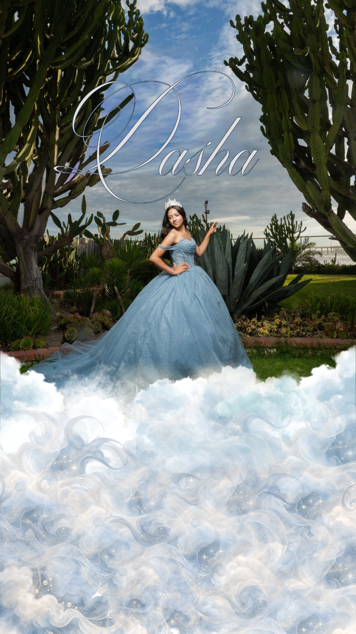 Dasha con vestido azul entre nubes